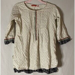 Morpankh Size Small Dharini Beige Indian Linen Embroidered Top Pintuck Floral